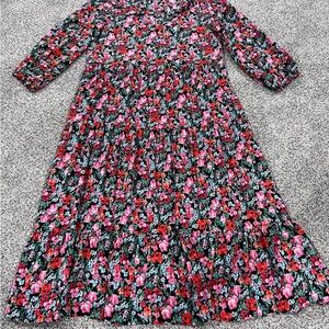 Zara Red Black Floral Print V Neck 3/4 Sleeve Tiered Maxi Dress US M Spring Boho
